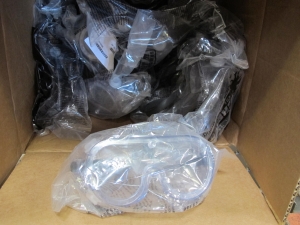 LOT TO INCLUDE: (2) FIXTURES, LIGHTING TYPE, 120 VOLT, HIGH PRESSURE SODIUM LAMP, 150 WATT. PENDANT MOUNTED, PRISMATIC GLASS REFRACTOR, SYMMETRICAL INTEGRAL BALLASTS, WITH LAMP, (20+) GOGGLES, DUST PROTECTION & CHEMICAL SPLASH KIND, CLEAR LENS, (14 BOXES) GLOVES, EXTRA LARGE SIZE, SURGEONS, INCINERABLE KIND, LATEX (7 MIL) MATERIAL, OFF-WHITE COLOR. AMBIDEXTROUS, 10" LENGTH, ROLLED CUFF, ETC.. LOADING & HANDLING FEE $15-4178